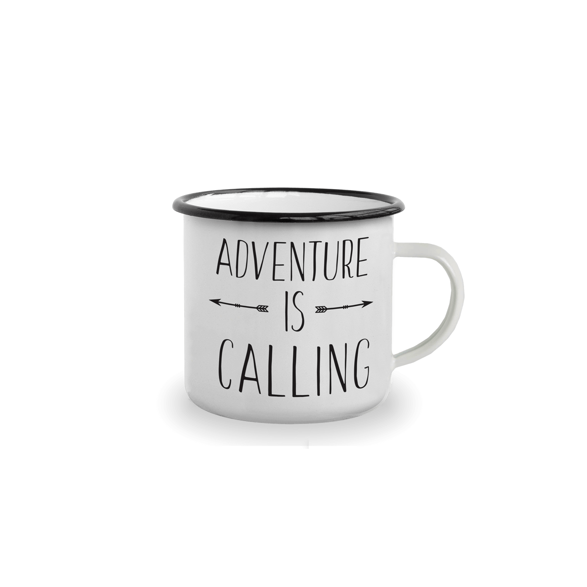 Emajlirana skodelica z napisom "adventure is calling" in ilustracijo dveh puščic