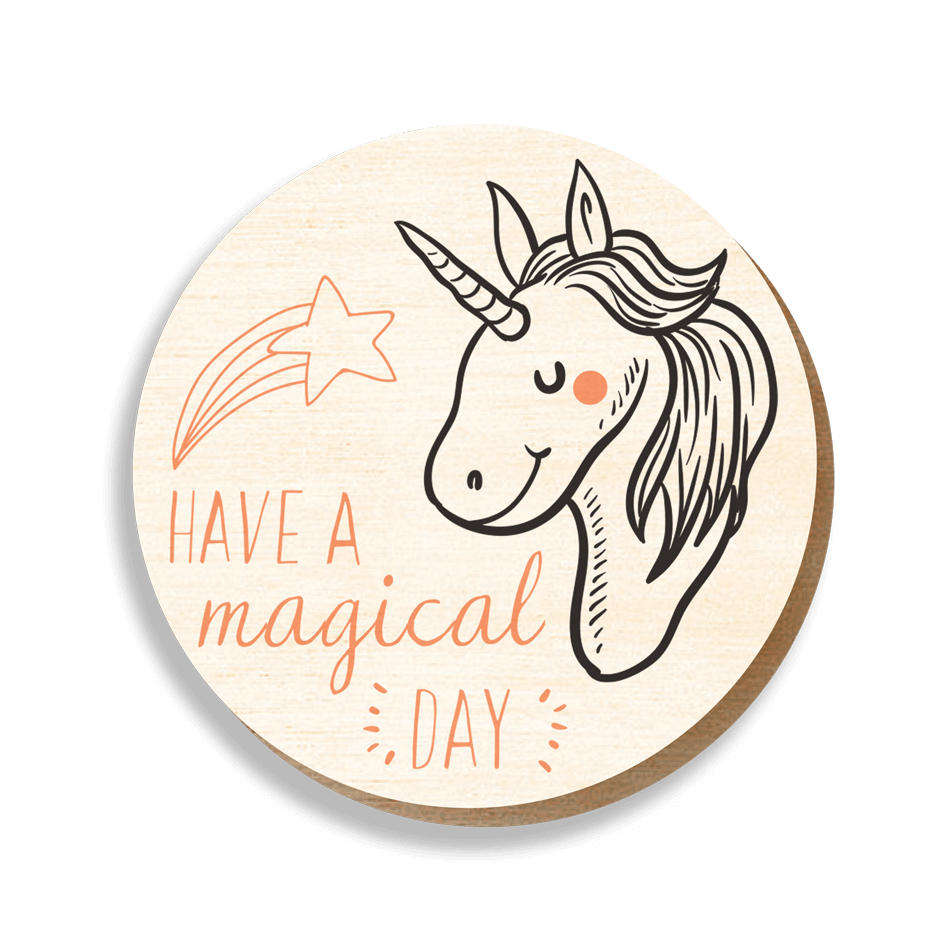 Magnet_okrogel_unicorn_have_a_magical_day Okrogel magnet z napisom "Have a magical day" in ilustracijo samoroga