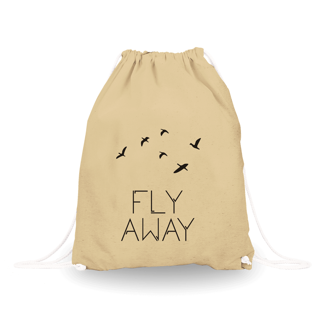 Nahrbtnik_natur_fly_away Bombažni nahrbtnik z napisom "Fly away" in ilustracijo galebov