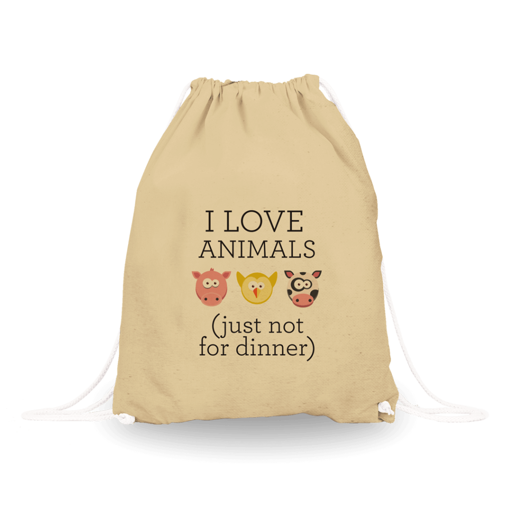 Bombažni nahrbtnik z napisom "I love animals (just not for dinner)" in ilustracijo pujsa, piščanca ter krave