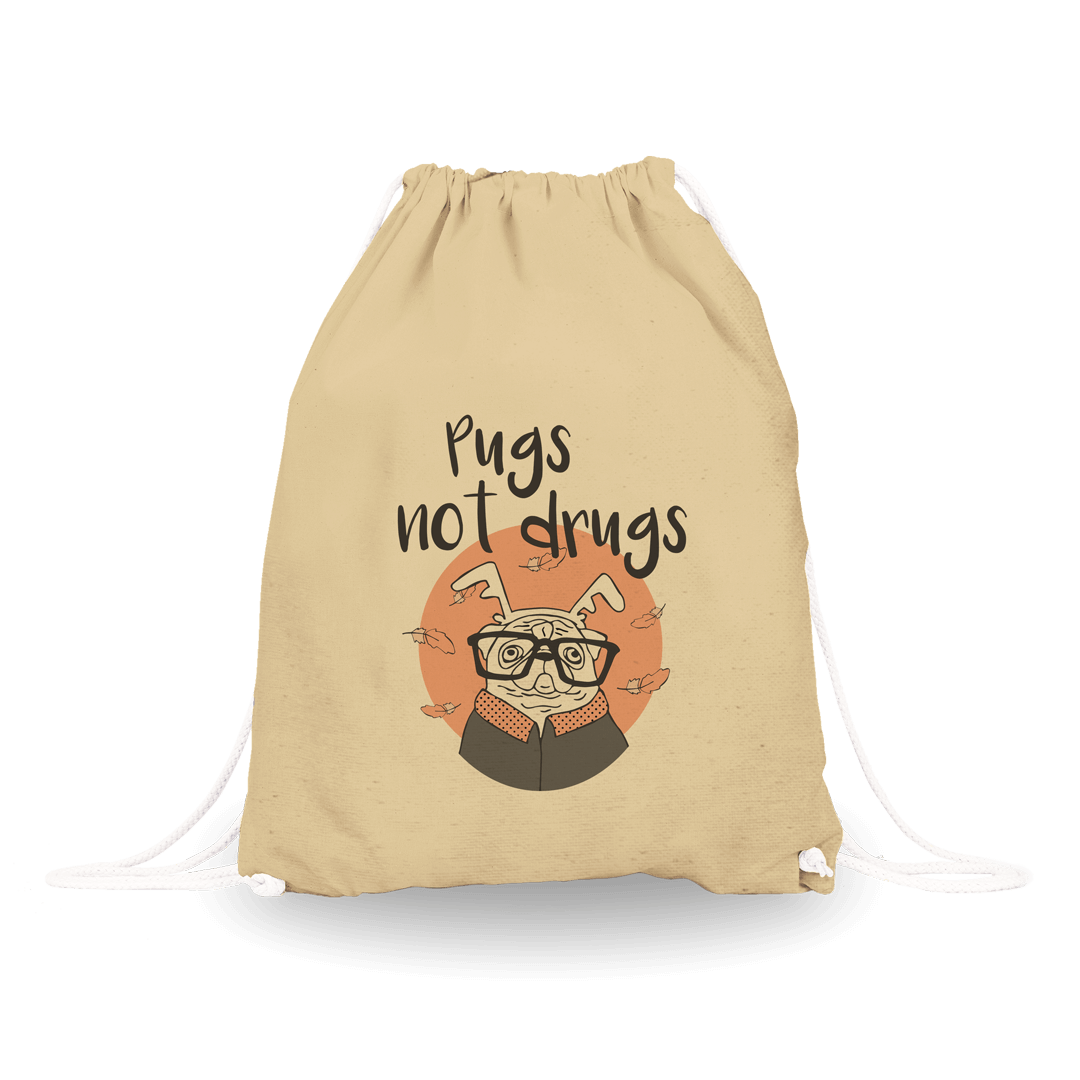 Nahrbtnik_natur_pugs_not_drugs Bombažni nahrbtnik z napisom "Pugs not drugs" in ilustracijo mopsa