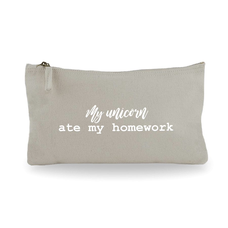 Peresnica_siva_my_unicorn_ate_my_homework Siva bombažna peresnica z napisom "My unicorn ate my homework"