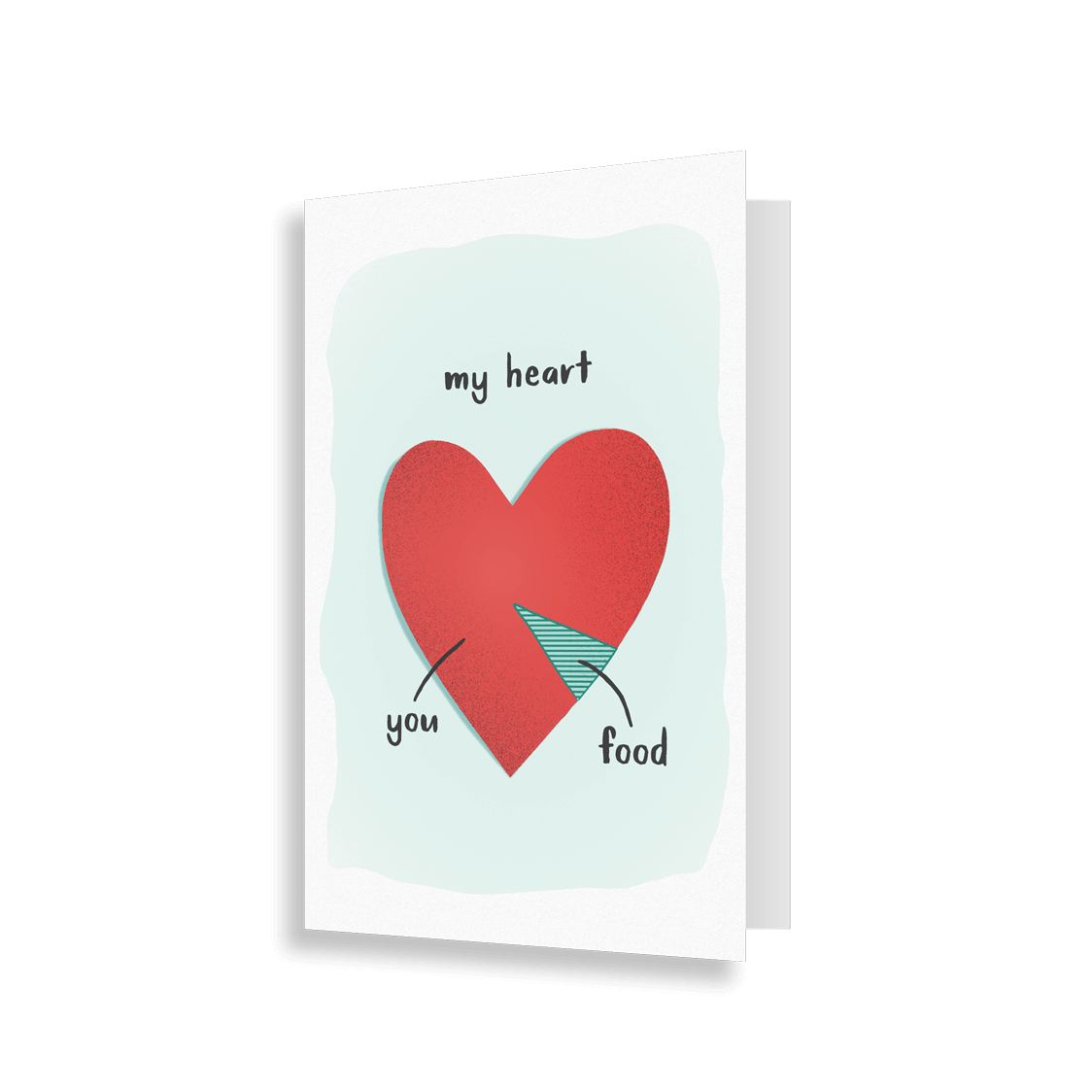 Zgibanka_10x15_My_heart_you_food Voščilnica z napisom "My heart. You. Food." in ilustracijo srca
