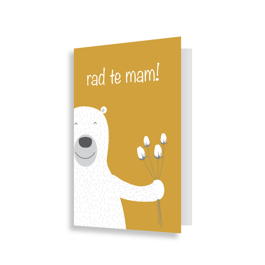 Rumena voščilnica z napisom "Rad te mam!" in ilustracijo belega medvedka, ki ima v roki šopek tulipanov