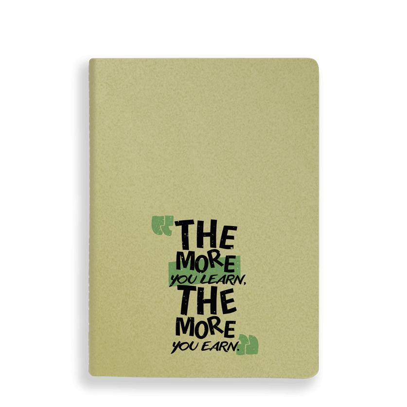 Olivno zelen zvezek z napisom "The more you learn, the more you earn."