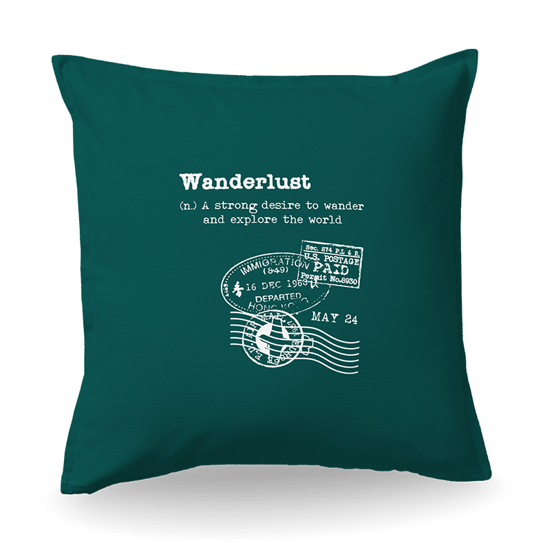 Vzglavnik_wanderlust_green Zelen vzglavnik z napisom "Wanderlust"