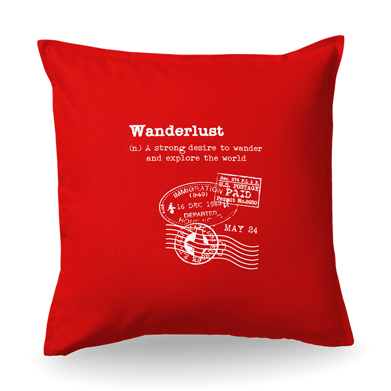 Vzglavnik_wanderlust_red Rdeč vzglavnik z napisom "Wanderlust"